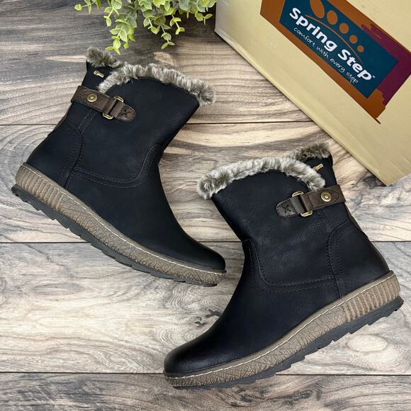 NIB Spring Step 41 9.5-10 Milagra Faux Fur Lining Comfy Winter Ankle Boots Black - Picture 1 of 12